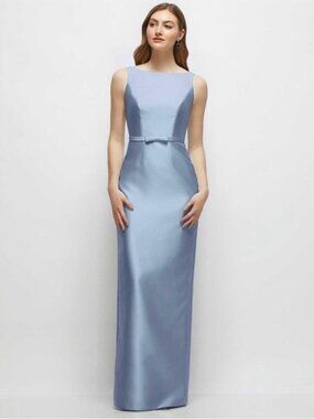 Elegant Light Blue Satin Maxi Dress with Bow Waist